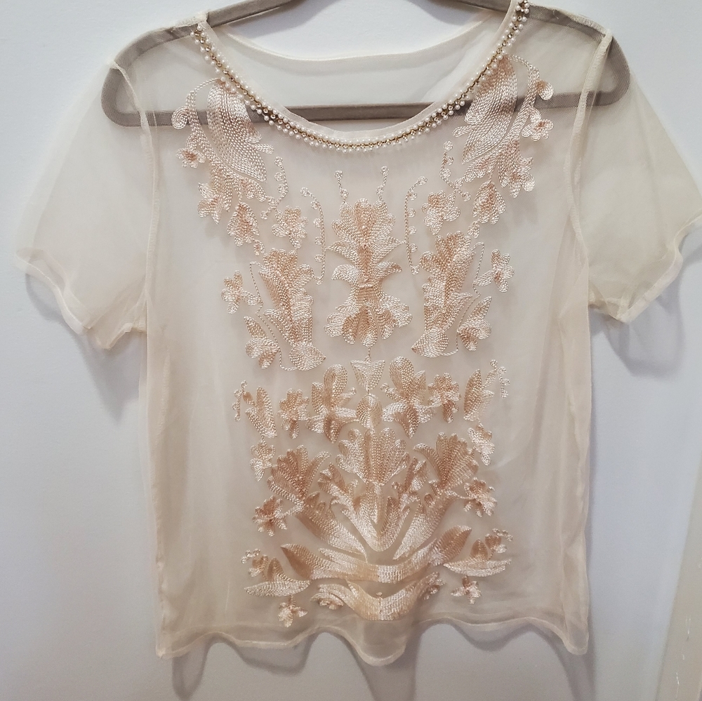 Embroidery Sheer Mesh Jeweled Neck Top womams